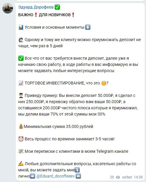 Эдуард Дорофеев о торговом инвестировании