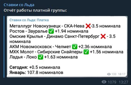 Отчет о платной группе Телеграм канале Ставки со льда