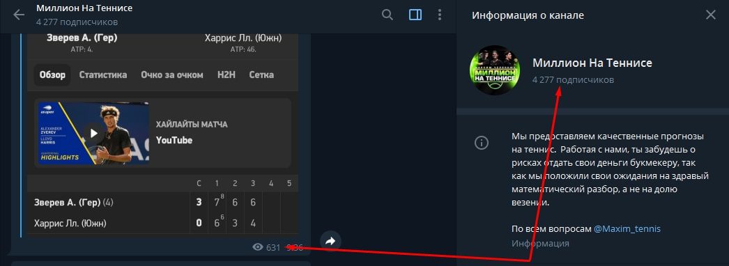 Подписчики и просмотры канала каппера Миллион на теннисе | Максим Червонюк в Телеграмм