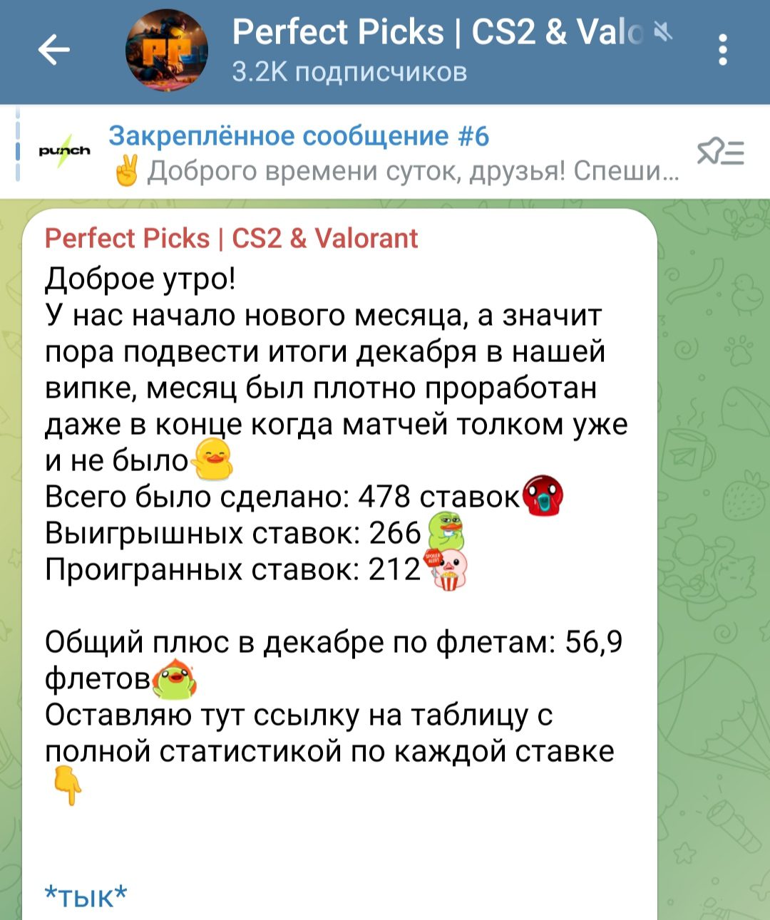 Perfect Picks телеграм пост 