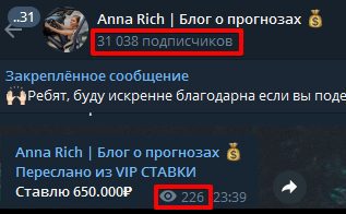 Просмотры и подписчики Телеграмм Anna Rich