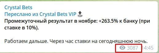 Просмотры канала каппера Crystal Bets Телеграм